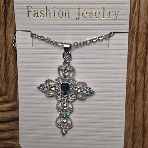 Elegant Silver and Blue Cross Pendant Necklace
